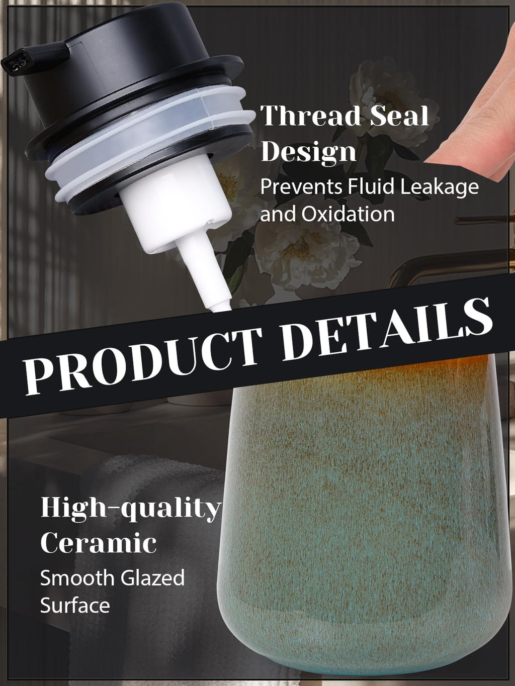 INGOFIN Ceramic Foaming Soap Dispenser -12oz Foam Hand Soap Dispenser Bathroom, Modern Refillable Dish Wash Soap Bottle for Kitchen with Large Pump -Kiln-Glazed Green