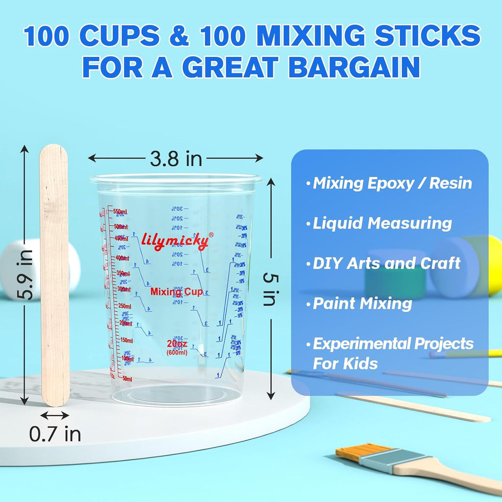 100 Pack Plastic Mixing Cups, 20 oz (600ml), Disposable Measuring Cups with 50 Wooden Mixing Sticks, Measurement ratios: 2:1, 3:1, 4:1, Suitable for Epoxy Resin, Liquid Measuring, and Paint