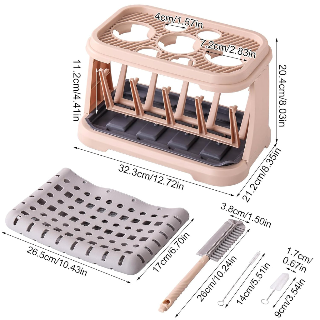 Baby Bottle Drying Rack:Space Saving Standing Drying Rack for Baby Bottles and Pump Part Cleaning,be Equipped with Bottle Brush（Pink Lotus Root）
