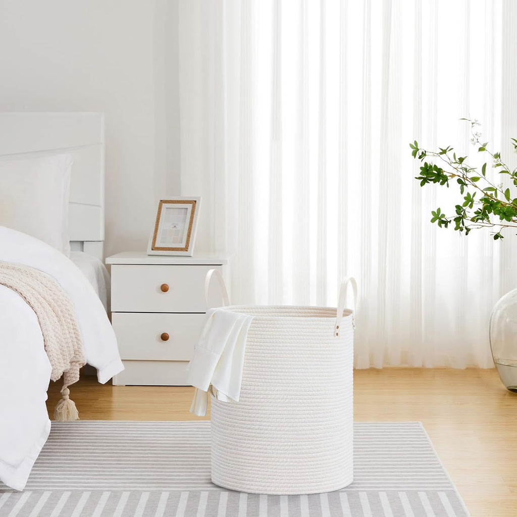 VIPOSCO Tall Laundry Basket, Large Dirty Clothes Hamper with Leather Handle, Woven Rope Storage Basket for Blanket, Toy In Living Room, Bathroom, Bedroom - 53L White