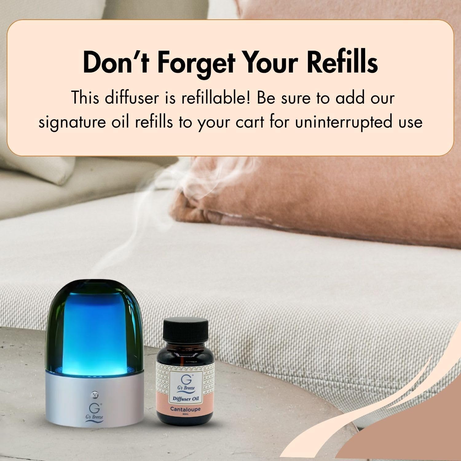 G's Breeze Cantaloupe Diffuser Oil Refill - Sweet, Refreshing & Juicy Scent of Ripe Cantaloupe - Uplifting Aroma, Fruity Spray for Home or Office - Energizing & Long-Lasting Fragrance - 60 ML