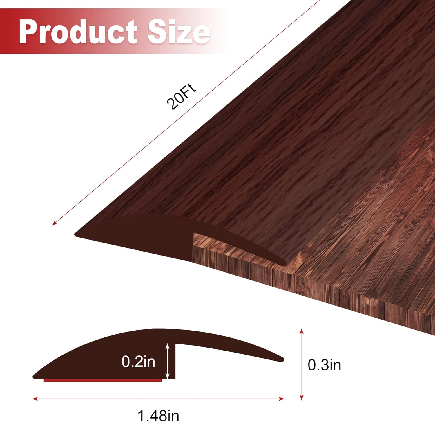 20Ft Carpet Floor Transition Strip, Self Adhesive Floor Edging Trim Strip, PVC Threshold Cover for Doorway, Floor Divider Strip Suitable for Threshold Height Less Than 5 mm - Red Wine