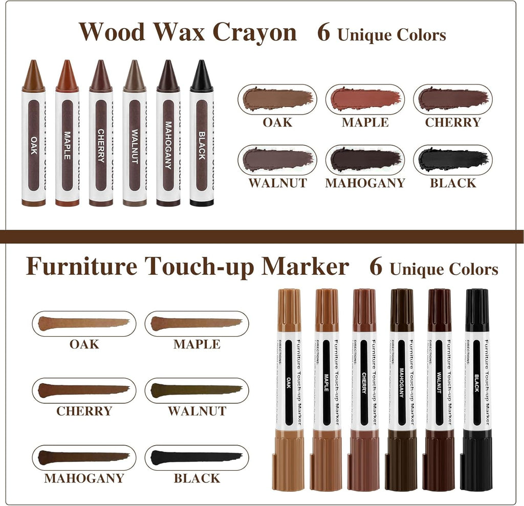 Dual Tip Furniture Markers Touch Up,Upgrade 13 Pcs Wood Markers Furniture Repair Kit,Touch Up Paint Pen and Wood Filler Putty Stick with Sharpener Kit,for Wood Stain Remover,Wood Floor Scratch Repair