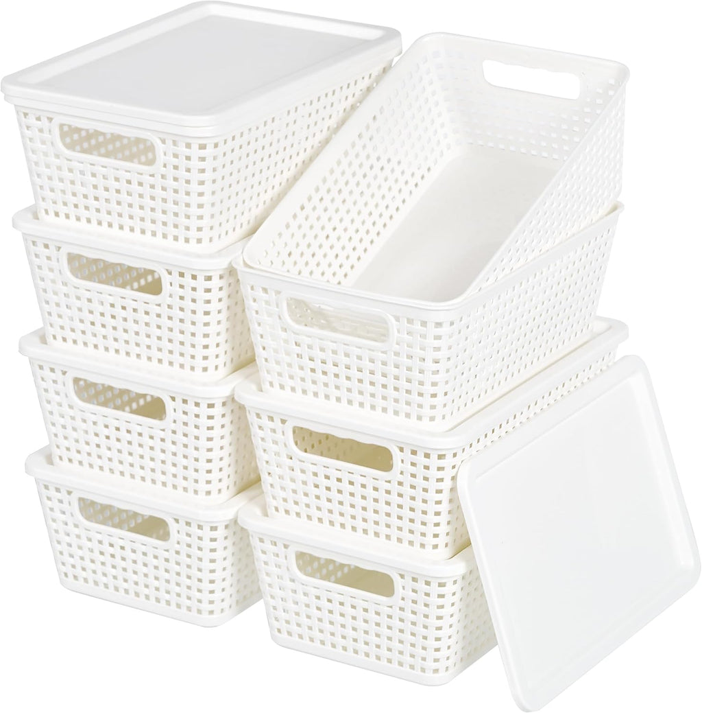 Plastic Storage Baskets With Lid, Storage Bins for Organizing, Stackable Decorative Containers for Shelves Drawers Desktop Closet Playroom Classroom Office, 8 Pack-White