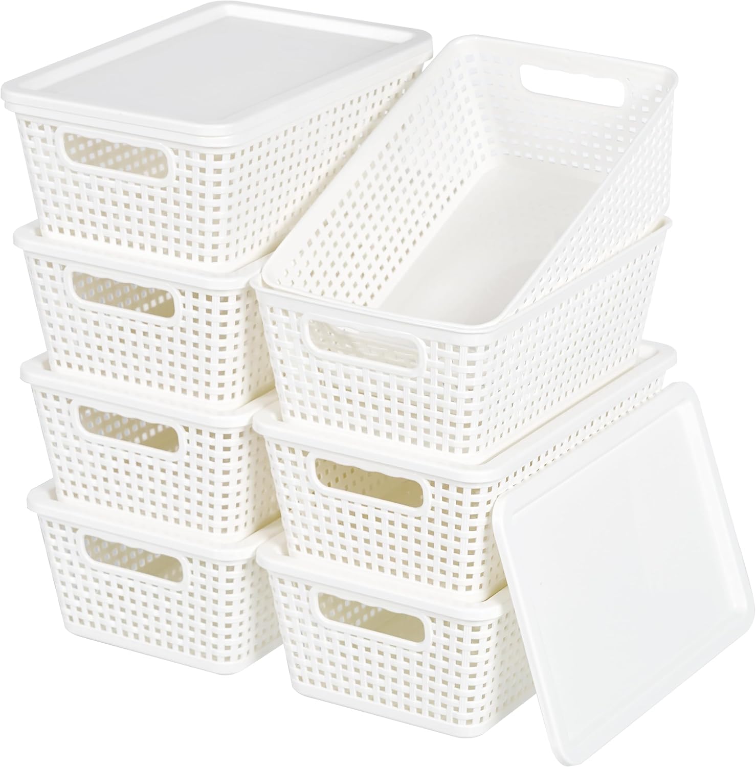 Plastic Storage Baskets With Lid, Storage Bins for Organizing, Stackable Decorative Containers for Shelves Drawers Desktop Closet Playroom Classroom Office, 8 Pack-White