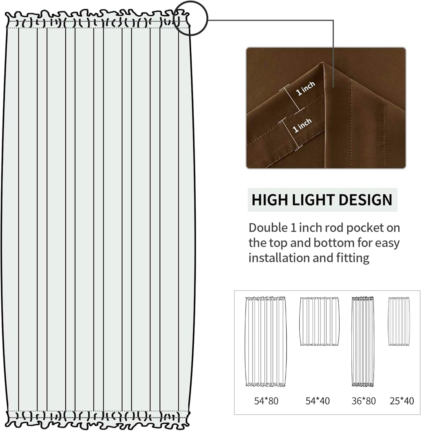 DWCN French Door Curtains – Rod Pocket Thermal Blackout Curtain for Window/Patio Doors/Doorways/Classroom/Kitchen for Privacy, 36W by 80L Inches, 1 Panel with Tieback, Brown