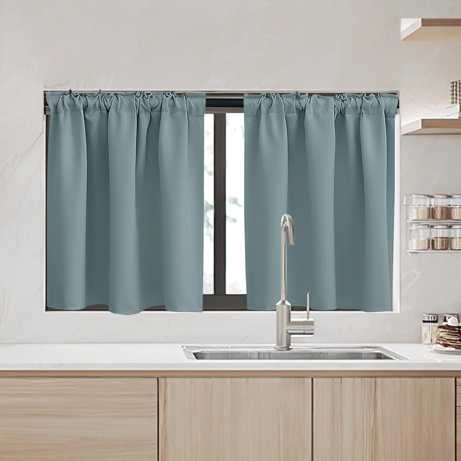 RYB HOME Kitchen Window Curtains - Blackout Privacy Half Window Curtains for Bedroom Bathroom Dining Living Room Cafe Office Short Tiers Drapes, W 34 x L 36 inches, 2 Panels, Dusty Blue