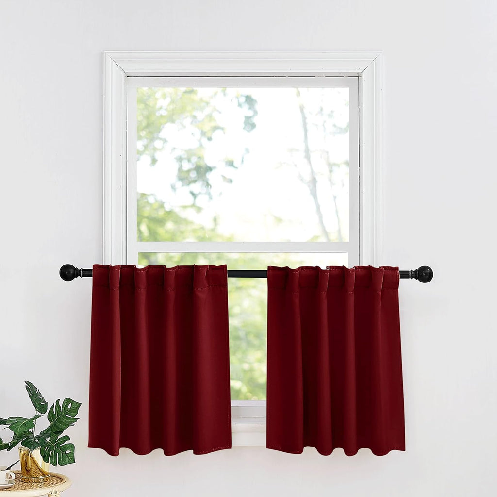 RYB HOME Kitchen Window Curtains - Blackout Privacy Half Window Curtains for Bedroom Bathroom Dining Living Room Cafe Office Short Tiers Drapes, W 34 x L 36 inches, 2 Panels, Burgundy Red