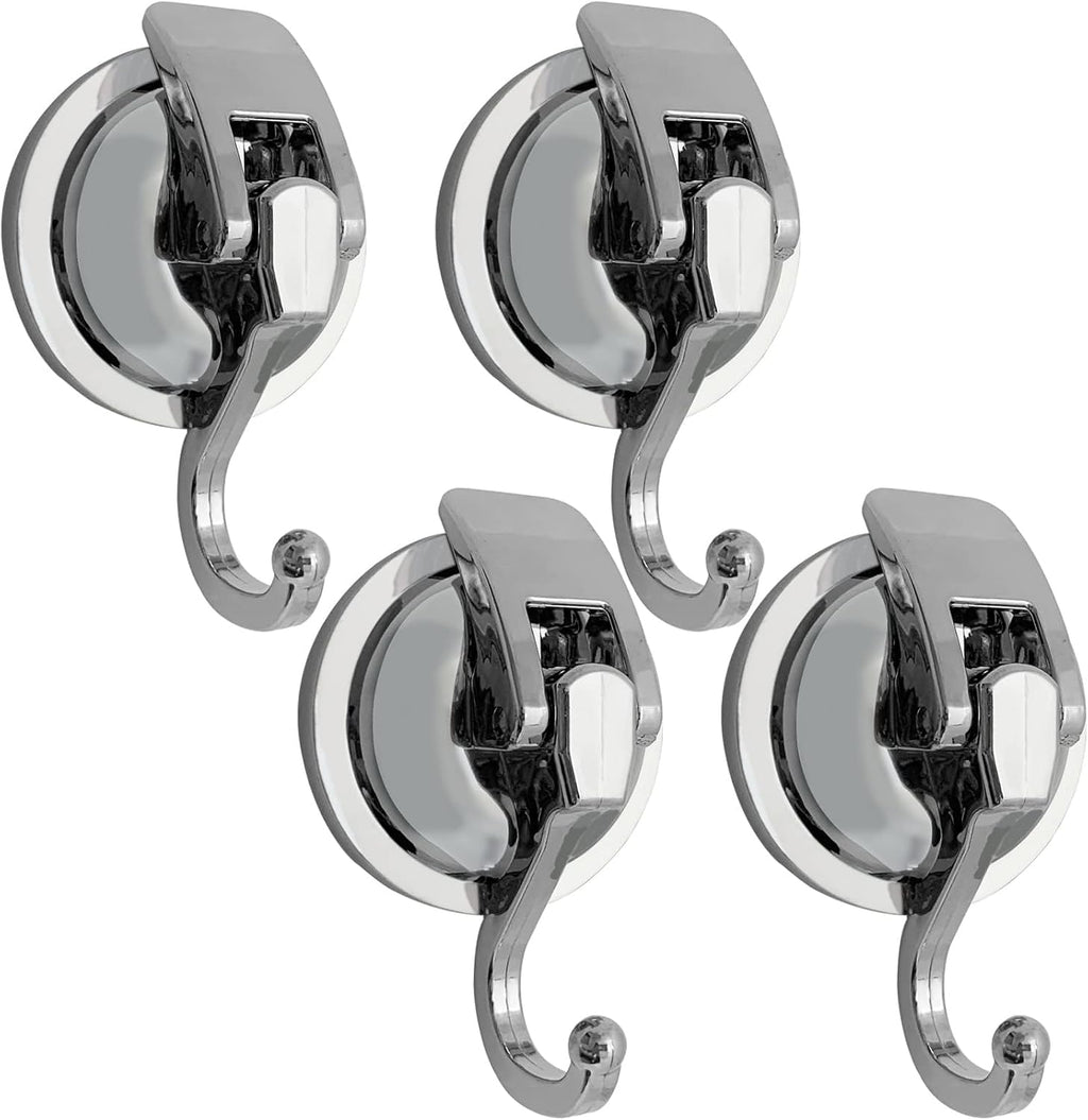 Suction Cup Hooks - Heavy Duty Glass, Reusable, No Hole Punched, for Bathroom Robe & Garland (Silver, 4 Pack)