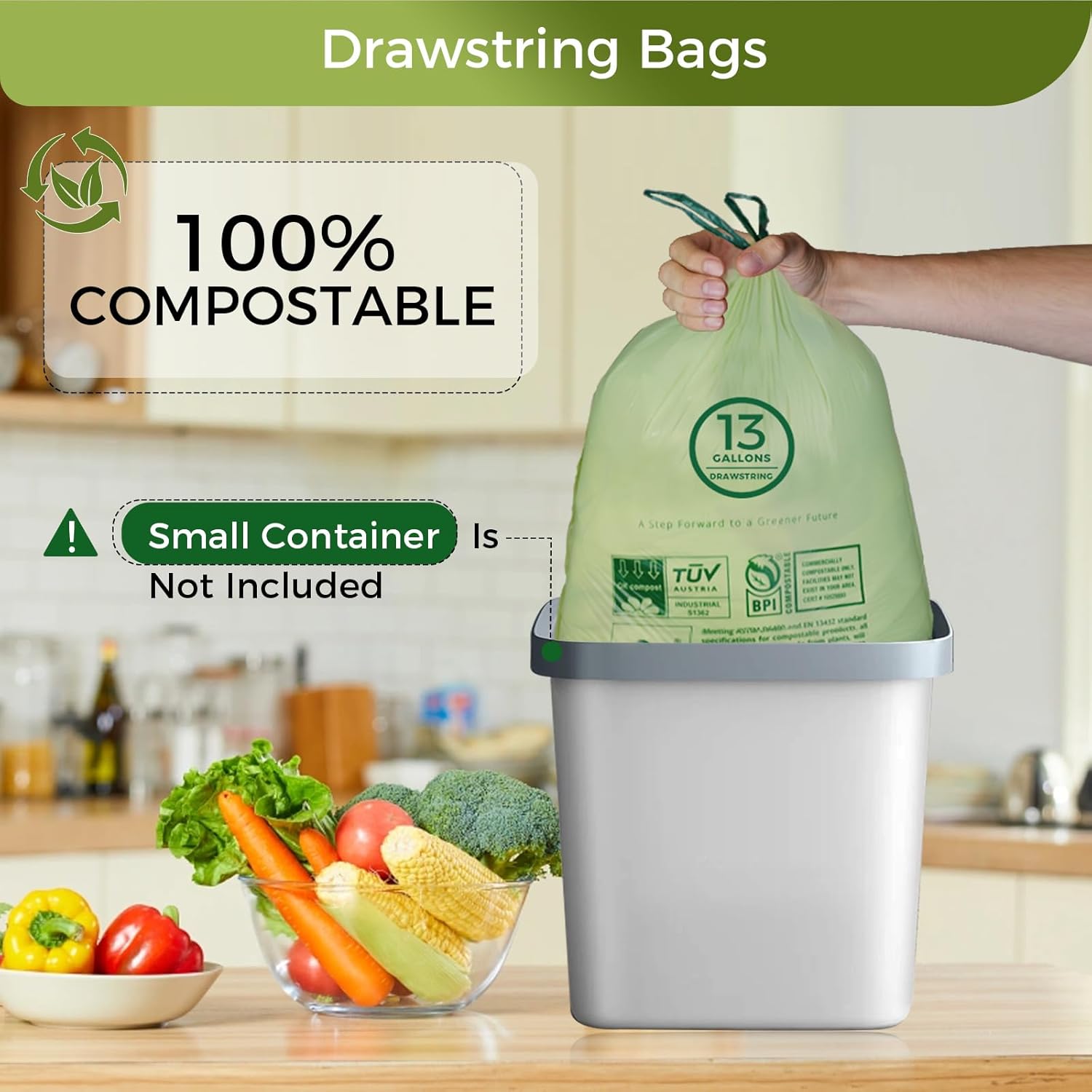 13 Gallon Compostable Trash Bags with Drawstring, Heavy Duty Extra Thick 1 Mil, 49.21 Liter, 30 Bags, Tall Kitchen Food Scrap Waste Bag, ASTM D6400, US BPI and OK Compost Home Certified