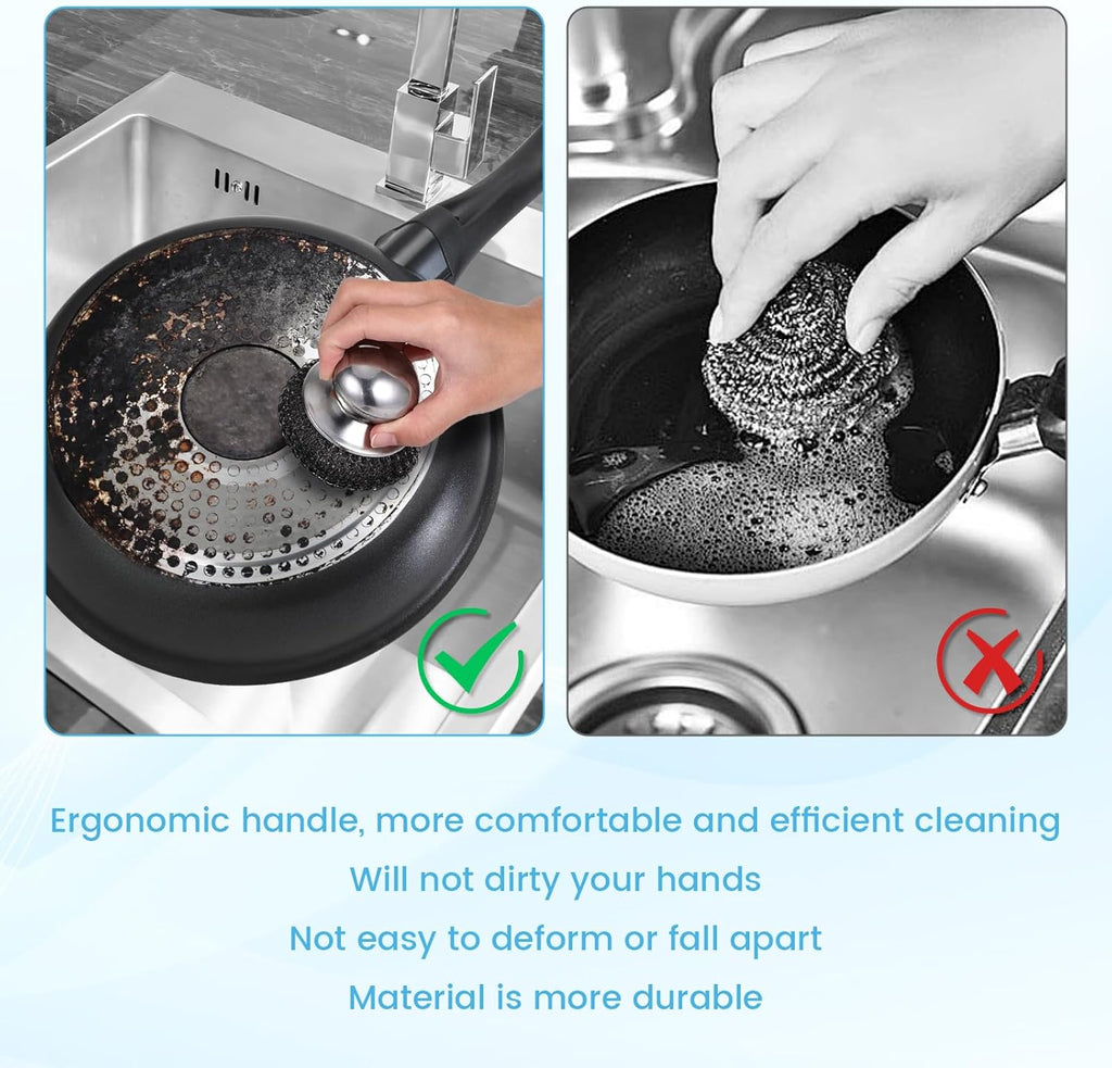 6Pcs Steel Wool Scrubber, Stainless Steel Scrubber with Handle for Cleaning Kitchen and Household Stubborn Messes from Stoves Pans Pots Grill Sink with Replacement Wire Brush Set (3 Pcs+3 Replacement)