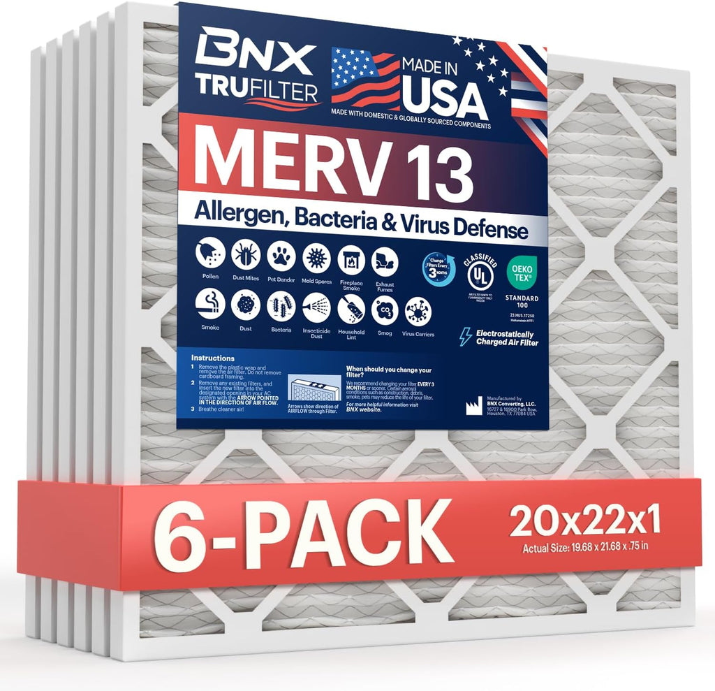 BNX TruFilter 20x22x1 Air Filter MERV 13 (6-Pack) - MADE IN USA - Electrostatic Pleated Air Conditioner HVAC AC Furnace Filters for Allergies, Pollen, Mold, Bacteria, Smoke, Allergen, MPR 1900 FPR 10