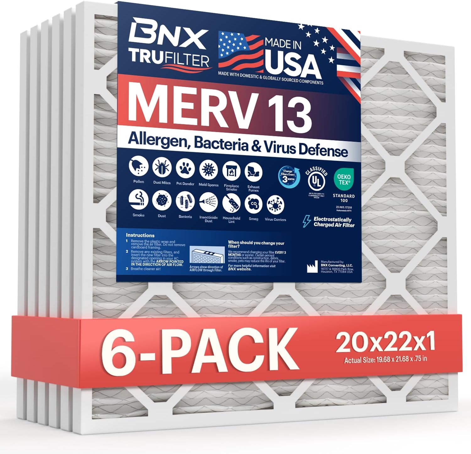 BNX TruFilter 20x22x1 Air Filter MERV 13 (6-Pack) - MADE IN USA - Electrostatic Pleated Air Conditioner HVAC AC Furnace Filters for Allergies, Pollen, Mold, Bacteria, Smoke, Allergen, MPR 1900 FPR 10