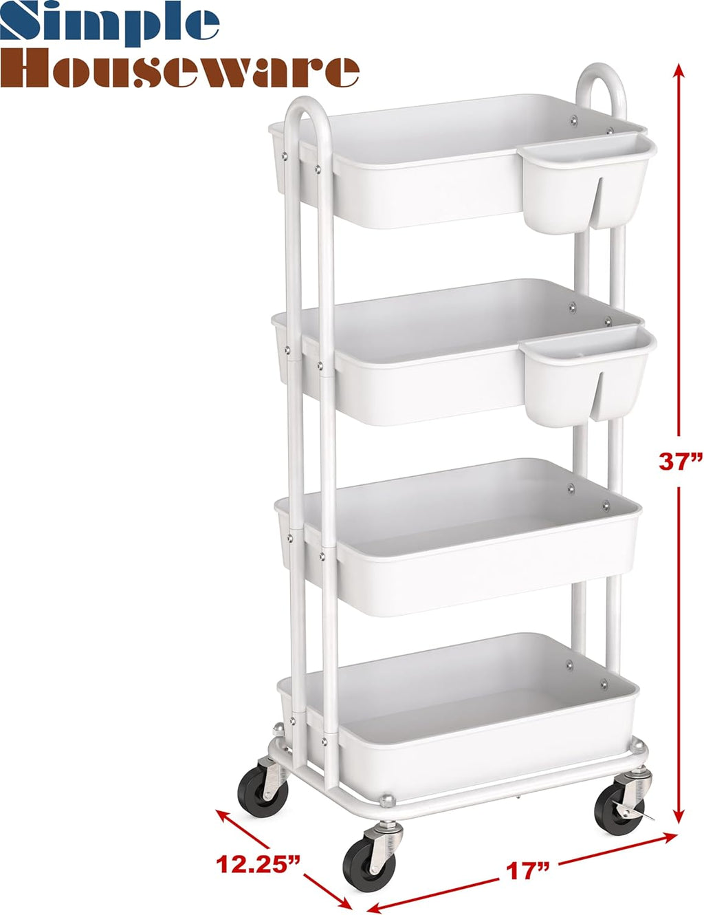 Simple Houseware 4-Tier Multifunctional Rolling Utility Cart with Hanging Buckets, White