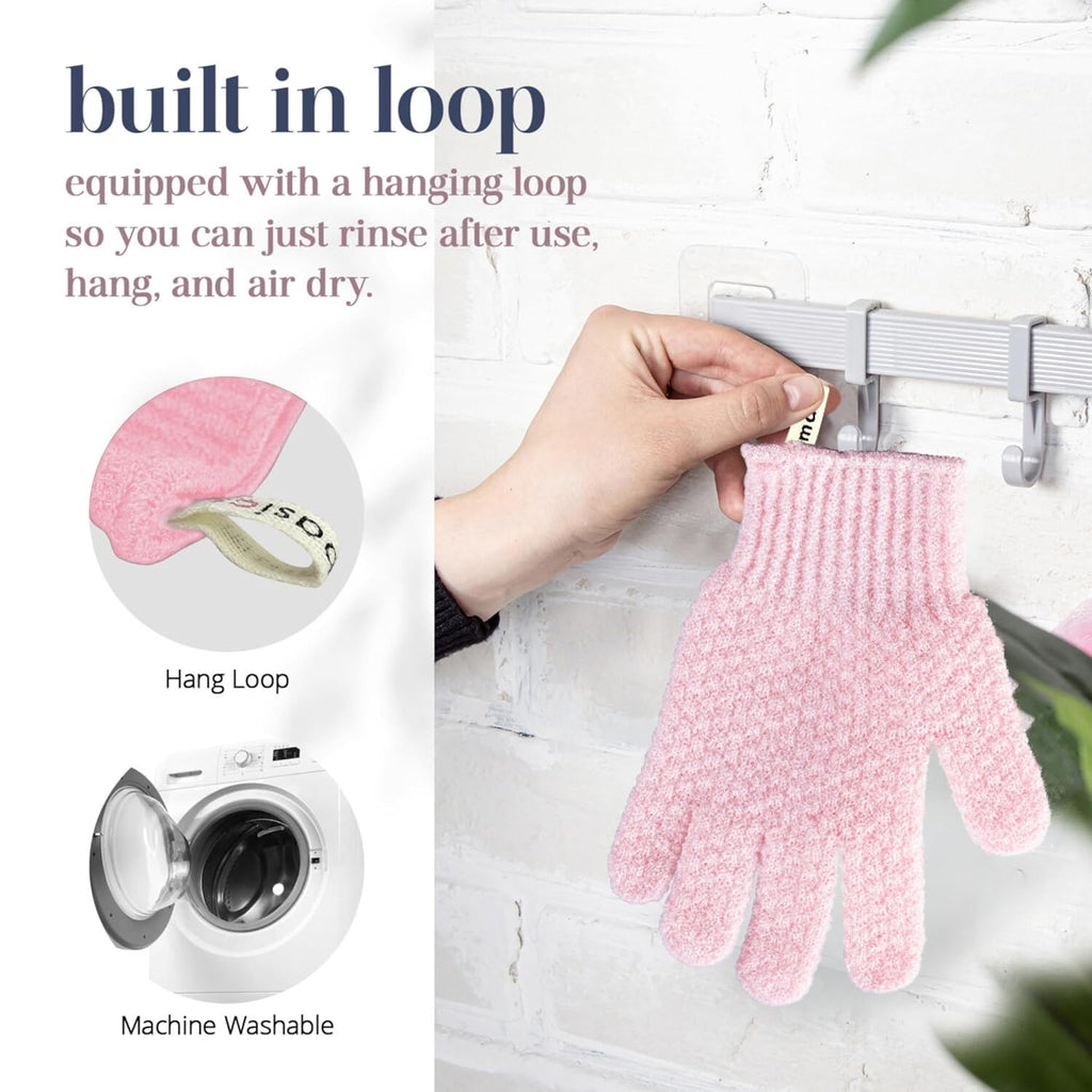 MainBasics Deep Cleansing Exfoliating Bath Gloves - Heavy-Textured Nylon Shower Scrub for Dead Skin Removal - Machine Washable with Hanging Loop (1 Pair, Soft Pink)