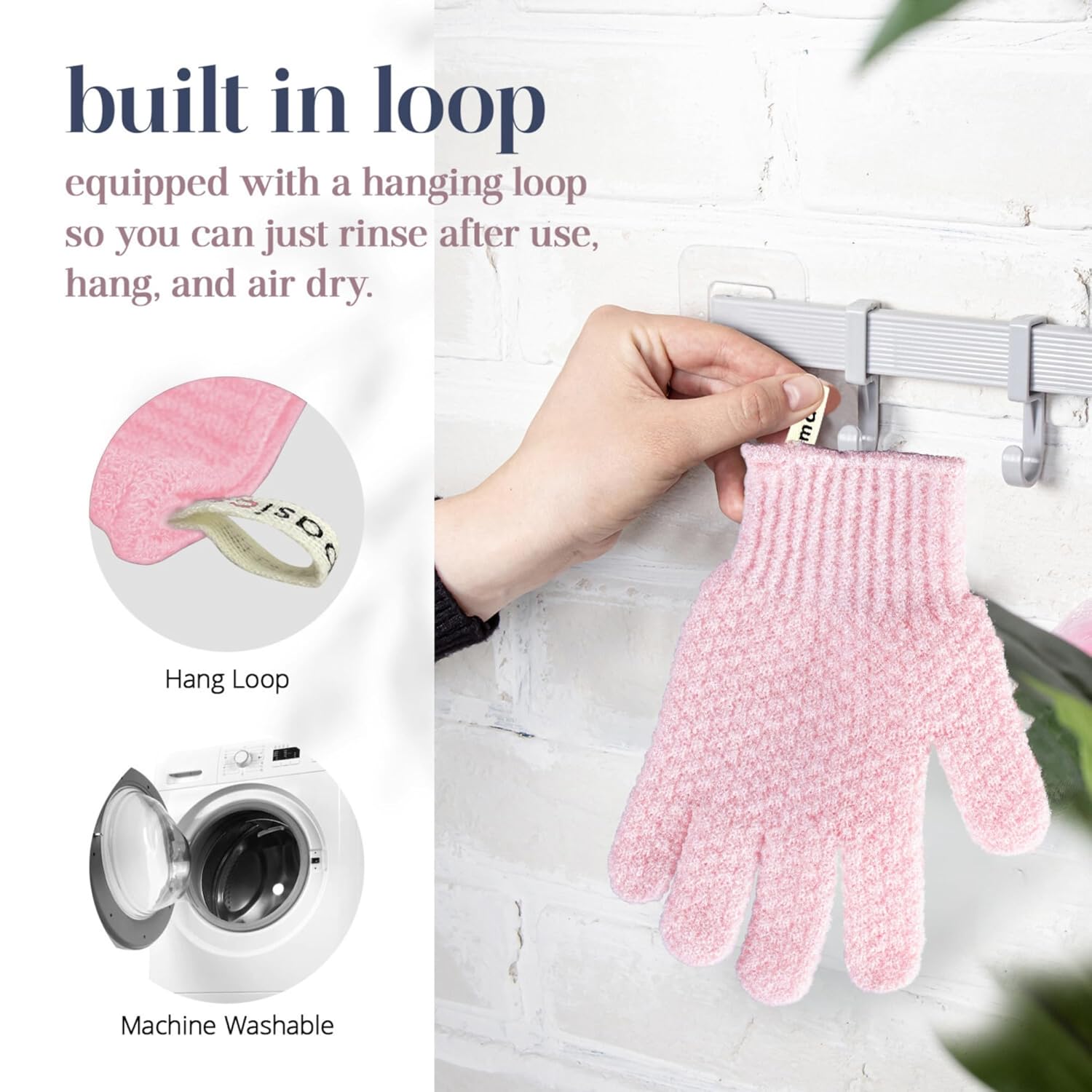 MainBasics Deep Cleansing Exfoliating Bath Gloves - Heavy-Textured Nylon Shower Scrub for Dead Skin Removal - Machine Washable with Hanging Loop (1 Pair, Soft Pink)