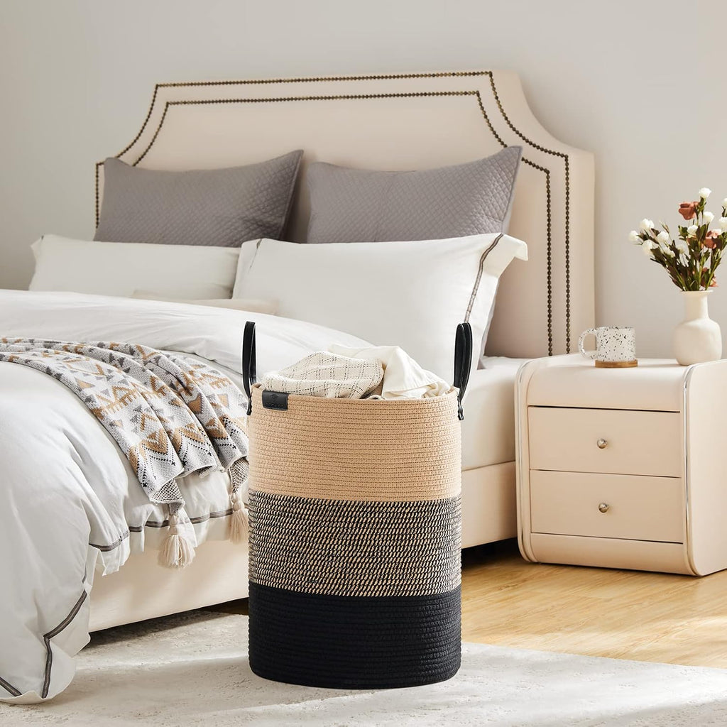 VIPOSCO Tall Laundry Basket, Large Dirty Clothes Hamper with Leather Handle, Woven Rope Storage Basket for Blanket, Toy In Living Room, Bathroom, Bedroom - 58L Brown & Black