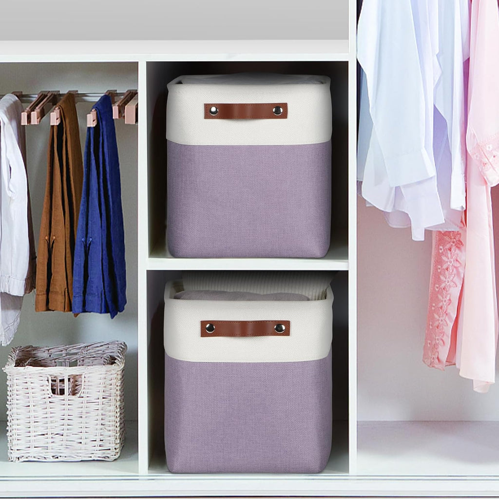 Univivi 10.5 Inch Fabric Cube Bins with Hard Bottom, 4 Pack Storage Baskets with PU Handles for Shelves Closet Foldable Storage Bins for Organizing (Purple,10.5" x 10.5" x 11")