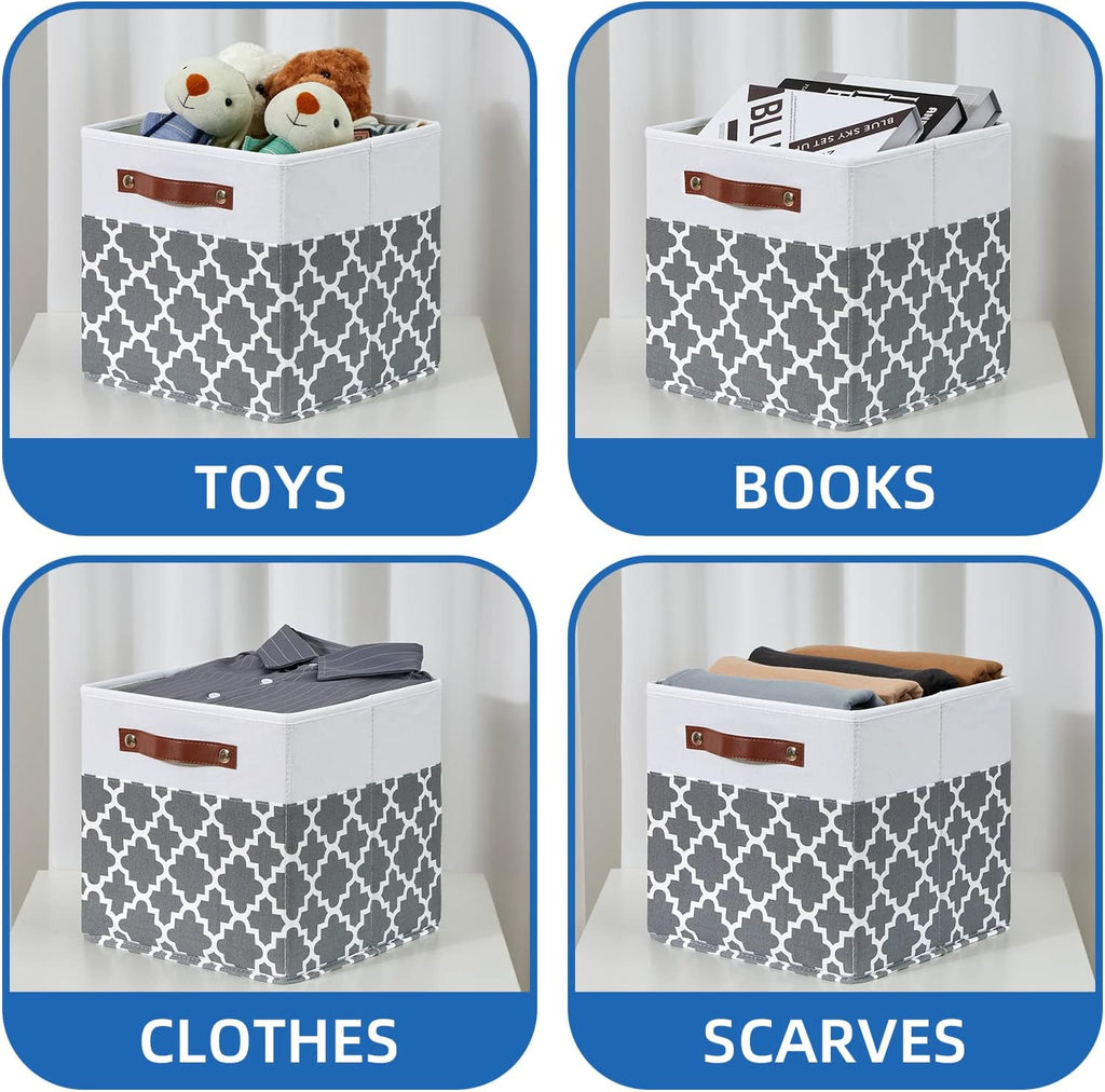 Temary 11x11x11 Cube Storage Bins Cube Organizer Bins 4 Pack Canvas Storage Bin for Home, Cube Storage Basket with Leather Handles(Grey Lattice)