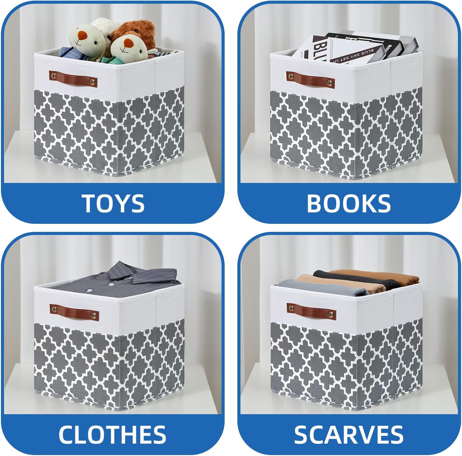 Temary 11x11x11 Cube Storage Bins Cube Organizer Bins 4 Pack Canvas Storage Bin for Home, Cube Storage Basket with Leather Handles(Grey Lattice)