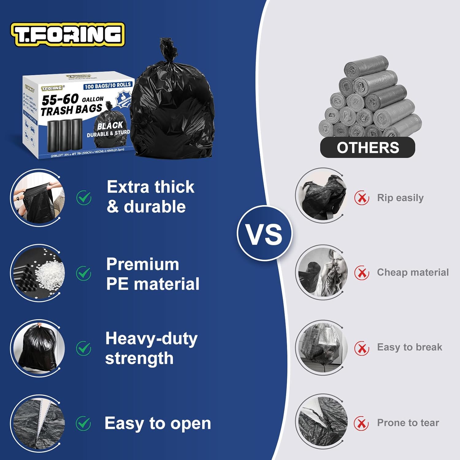 55-60 Gallon Trash Bags Heavy Duty 2.1 Mil - 39''x55'' 100 Count Extra Thick Black Garbage Bags Unscented Strong Huge Can Liners for Construction Industrial Yard Outdoor Commercial