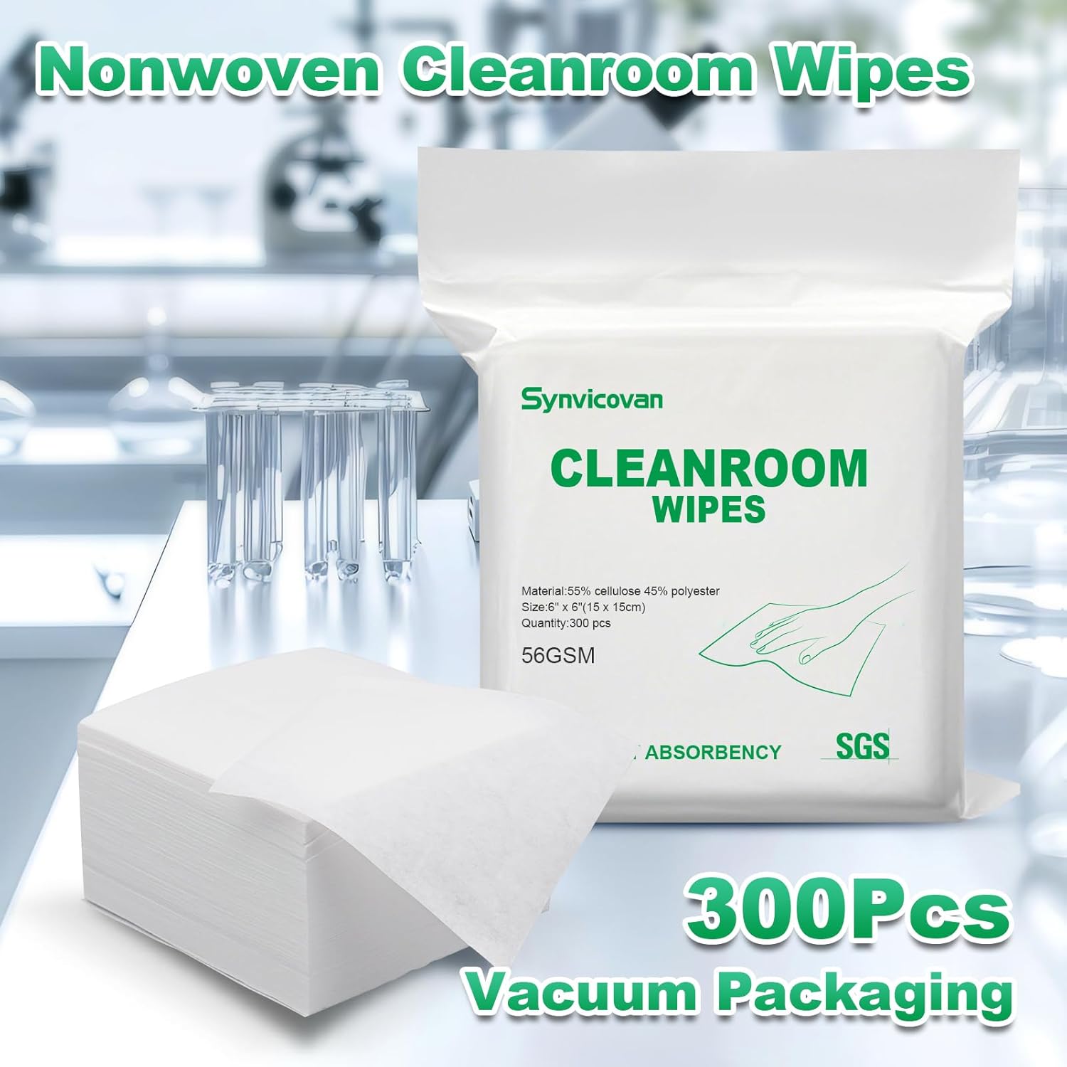 Cleanroom Wipes 6"x6" (300 Pcs, Cellulose/Polyester Blend, Grade B 56GSM) Lint Free Wipes for Laboratory, Electronics, Pharmaceutical,Printing,Automotives and Semiconductor Industries