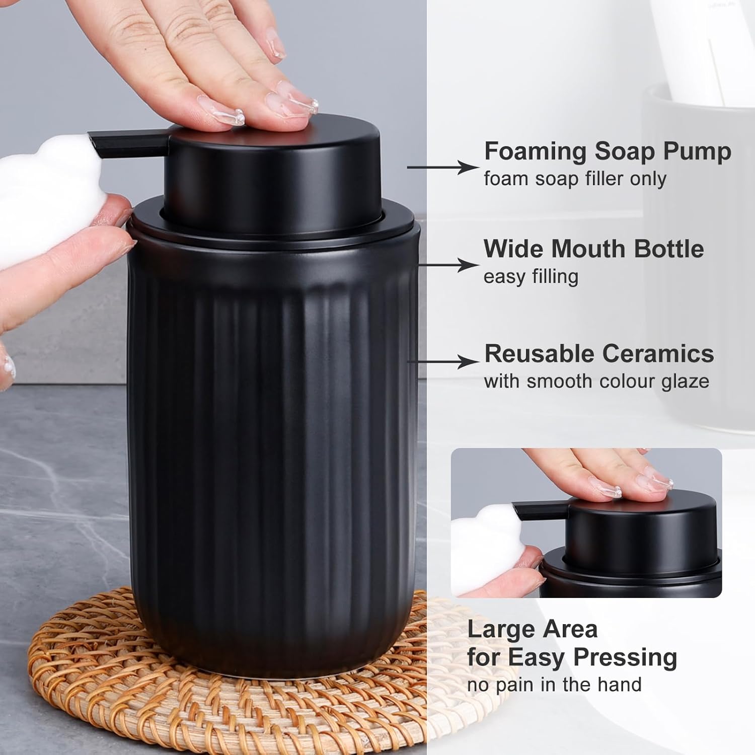 BosilunLife Foam Hand Soap Dispenser - Ceramic Black Foaming Soap Dispenser for Bathroom 12oz Refillable Liquid Lotion Soap Dispenser with Rust-Proof foaming Pump for Countertop