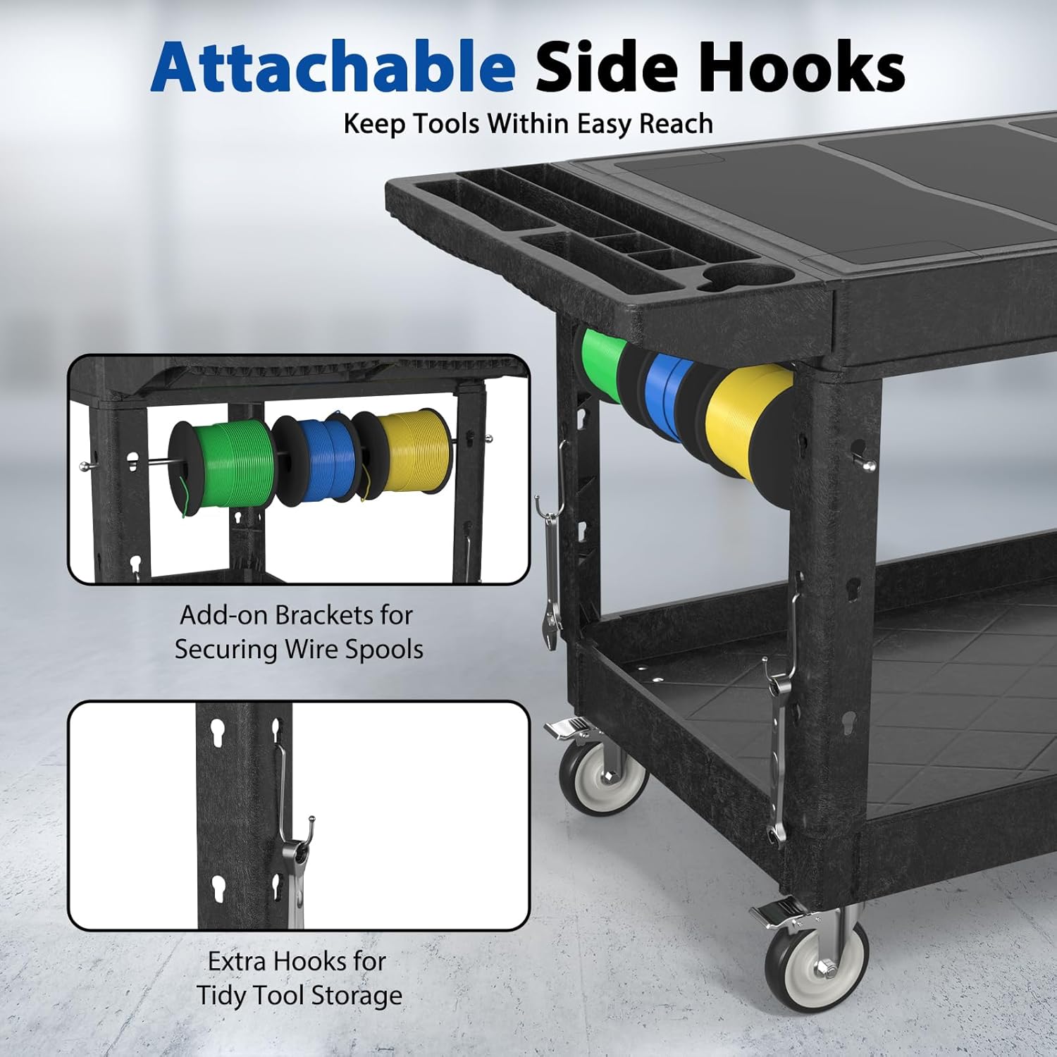 Heavy Duty Flat Top Utility Cart with Wheels 2-Tier Utility Plastic Service Work Cart for Shop, Garage, Warehouse, Maintenance 550 lbs