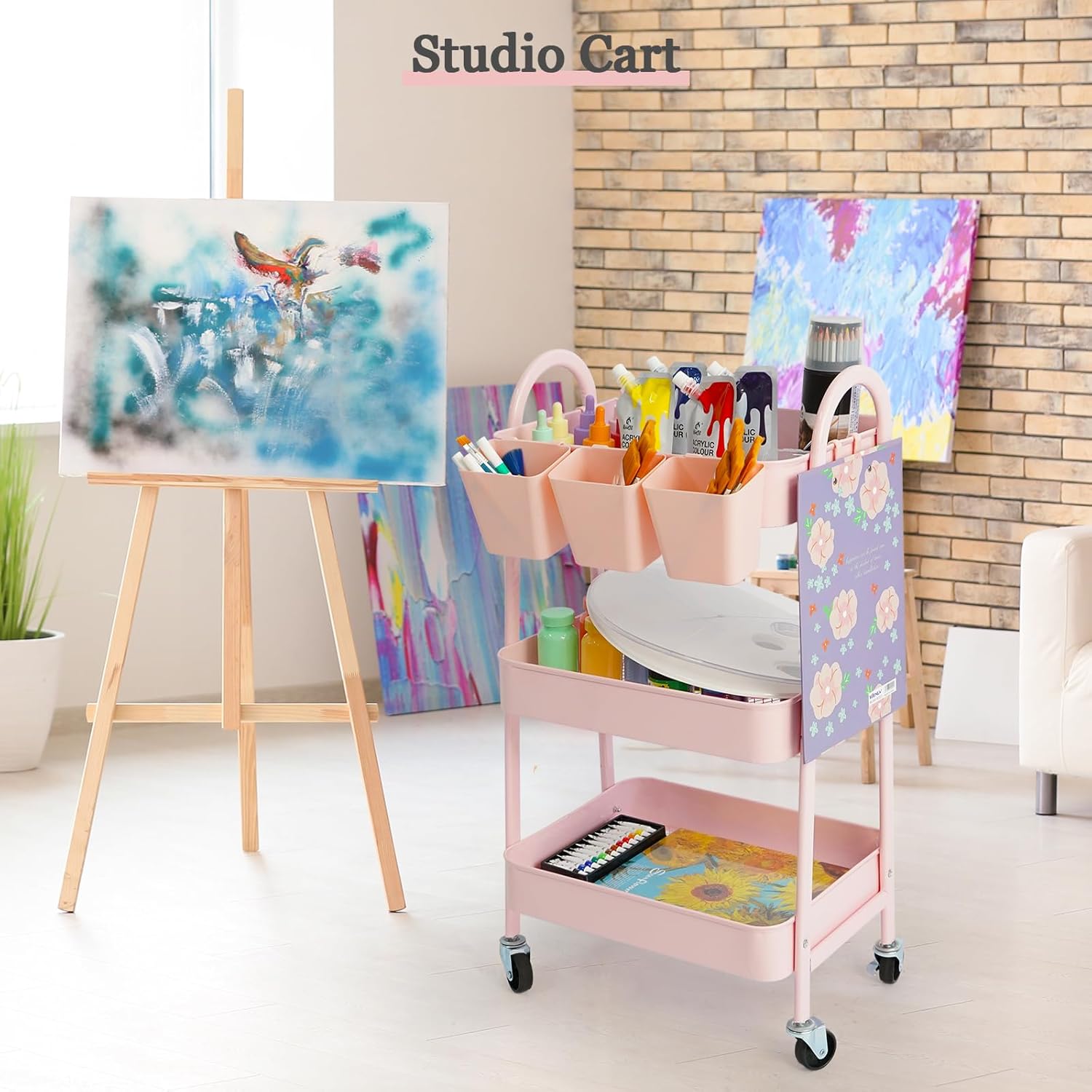 Danpinera 3-Tier Rolling Cart, Metal Storage Cart with Lockable Wheels, Hanging Cups & Hooks, Mobile Trolley for Kitchen, Bathroom, Office, Workshop, Pink