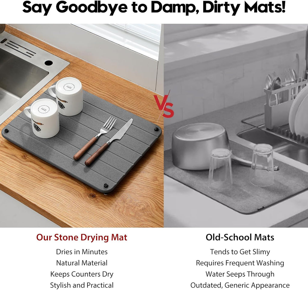 Stone Dish Drying Mat for Kitchen Counter, Water Absorbing Bathroom Tray Sink Organizer, Diatomaceous Earth Countertop Dish Rack Riser Sponge Holder Soap Dish, Dark Gray, 16" x 12"