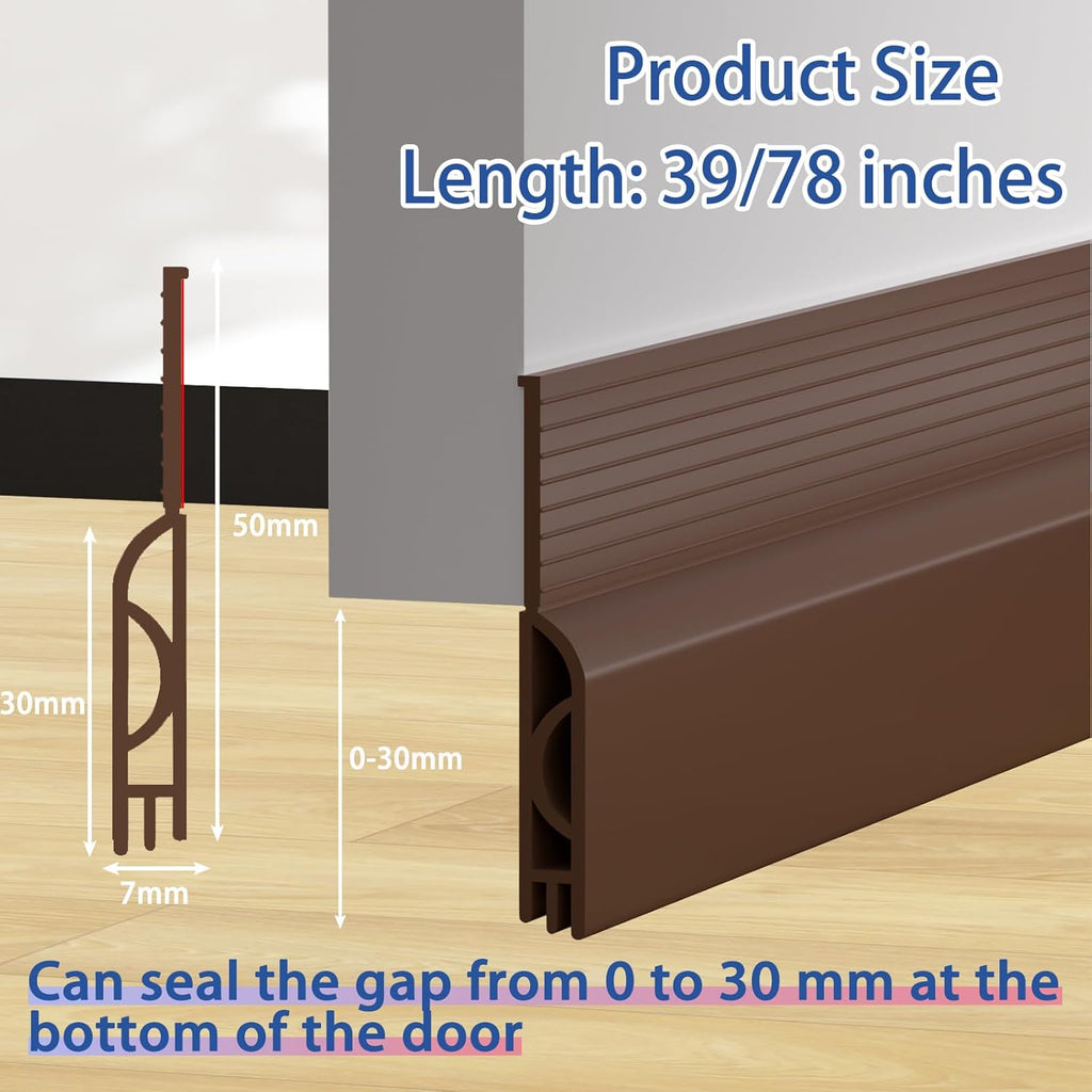 Under Door Draft Stopper, Self-Adhesive Door Sweep for Bottom of Door, Weather Stripping Doors Seal Soundproofing Insulation Strip, Doors Bottom Gap Blocker for Exterior/Interior (1M, Brown)
