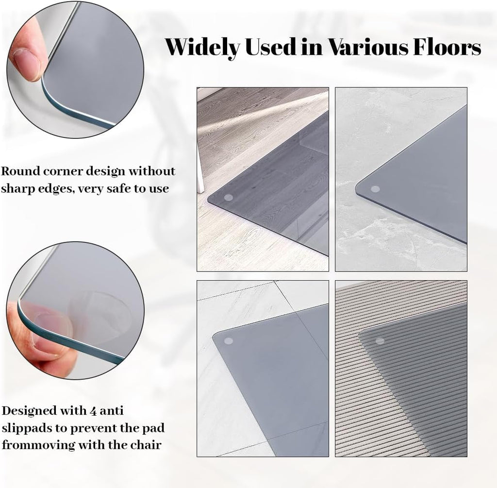 [Tempered Glass] 46" x 55" Glass Chair Mat, Heavy Duty Hard Tempered Glass Mat with Round Corner and Polished Edge, Transparent Glass Office Chair Mat for Office and Home Hard Floor or Carpeted, Grey