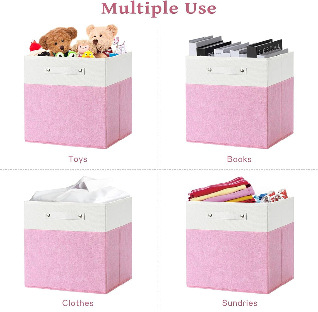 13 x 13 Inch Fine Linen Storage Bins with Handles，Fabric Cube Boxs，Collapsible Basket Organizers for Shelves for Home, Closet Drawers (White/Pink-6 Pack)