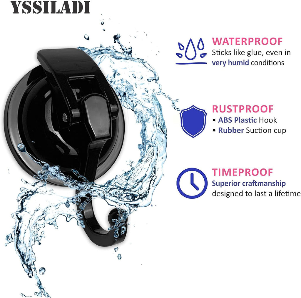 Heavy Duty Vacuum Shower Hooks - Glass Suction Cup Hooks, Reusable, No Hole Punched, for Bathroom Robe and Garland Decoration (Black, 2 Pack)