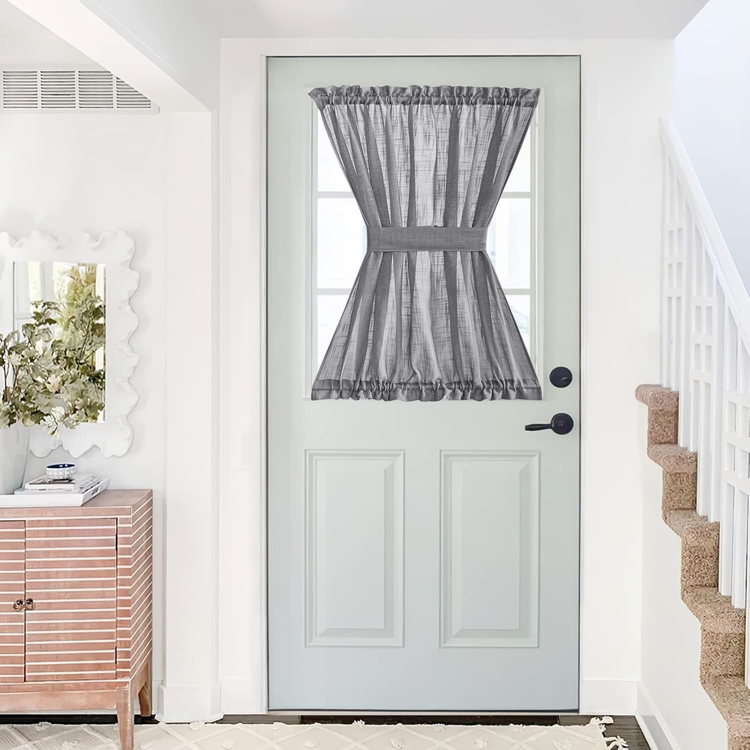 NICETOWN French Door Curtain Panel - Durable Front Door Window Curtain, Light Filtering Semi Sheer Drape for Glass Window, Tieback Included (Dark Grey, 1 Panel, 52 inches by 40 inches)