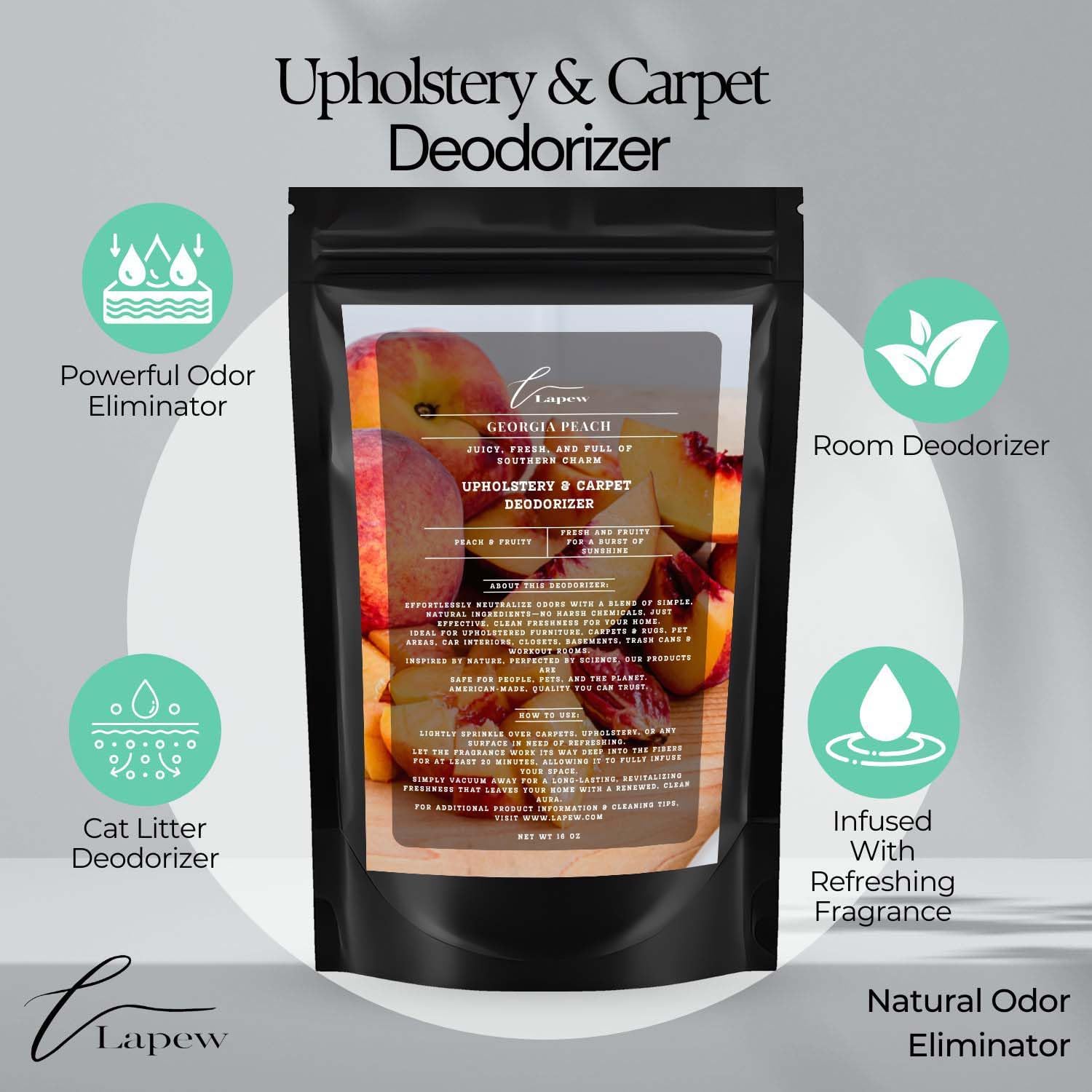 Georgia Peach Carpet Freshener Powder: Powerful Odor Eliminator for Home, Upholstery Deodorizer, Carpet Deodorizer, Pet Urine, Cat Litter Box - Georgia Peach Fragrance