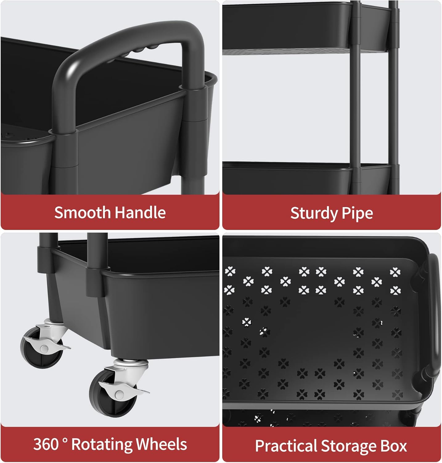 Sywhitta 4-Tier Plastic Rolling Utility Cart with Handle, Multi-Functional Storage Trolley for Office, Living Room, Kitchen, Movable Storage Organizer with Wheels, Black