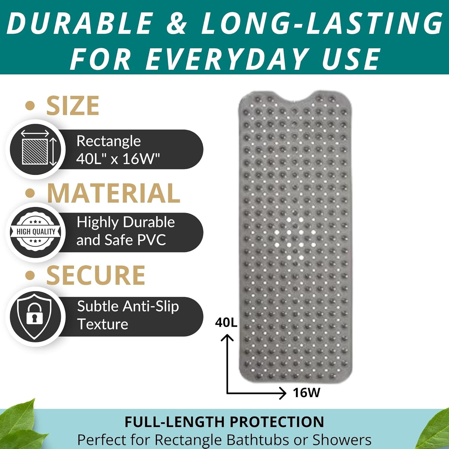 ENKOSI Bathtub Mat – 40 x 16 Inch Extra Long Non Slip Shower Mat – Anti Slip Grey Bath Mat with Suction Cups and Drain Holes – Bathroom Mat for Smooth Tubs and Shower Floors (40x16 Clear Grey)