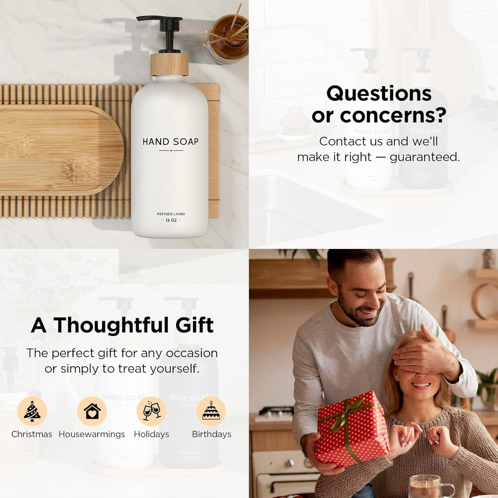 Hand and Dish Soap Dispenser Set,16oz Glass Bottles with Printed Labels, Bamboo Tray & Pump,Countertop Soap Dispensers for Kitchen,Luxury, Minimalist & Farmhouse Decor (Hand Dish (Black/White))