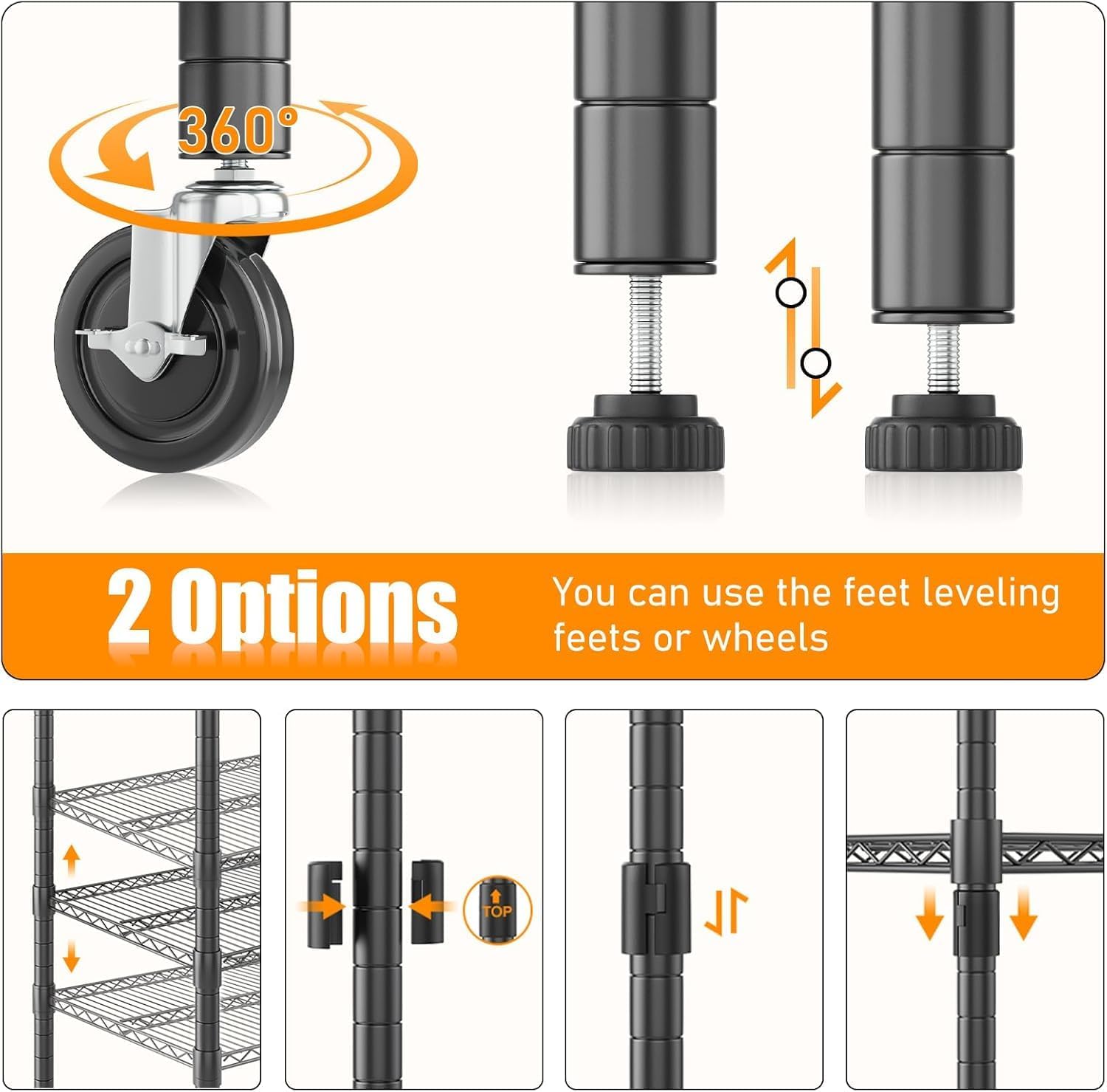 Himimi 4 Tier Wire Shelving with Wheels Heavy Duty Height Adjustable Metal Shelves for Storage, Commercial Grade Steel Utility Wire Rack for Kitchen Garage Pantry Organization-24×48×72, Black