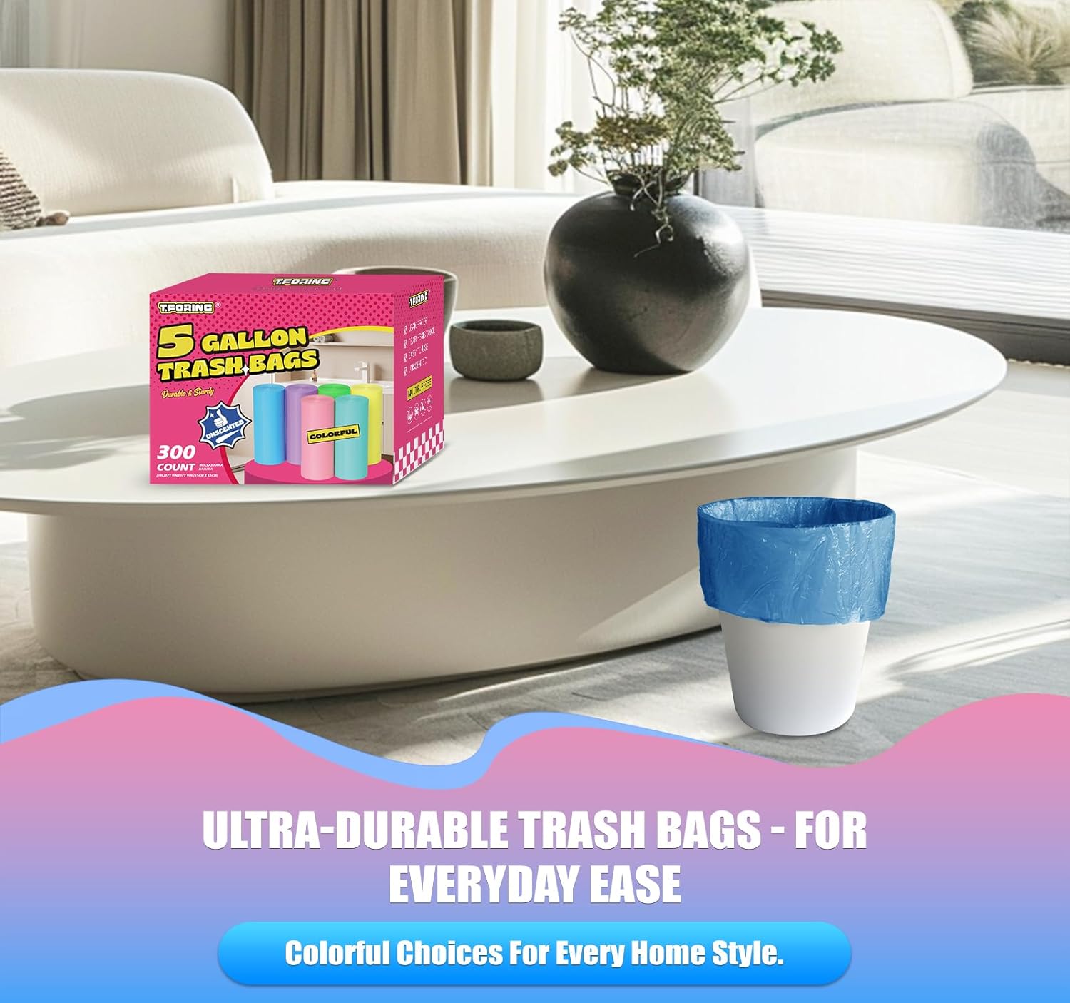 300 Count 5 Gallon Trash Bags - 18 Liter Colored Small Garbage Bags Unscented Wastebasket Liners 0.94 Mil Thick & Leakproof for Home Office Bedroom Bathroom