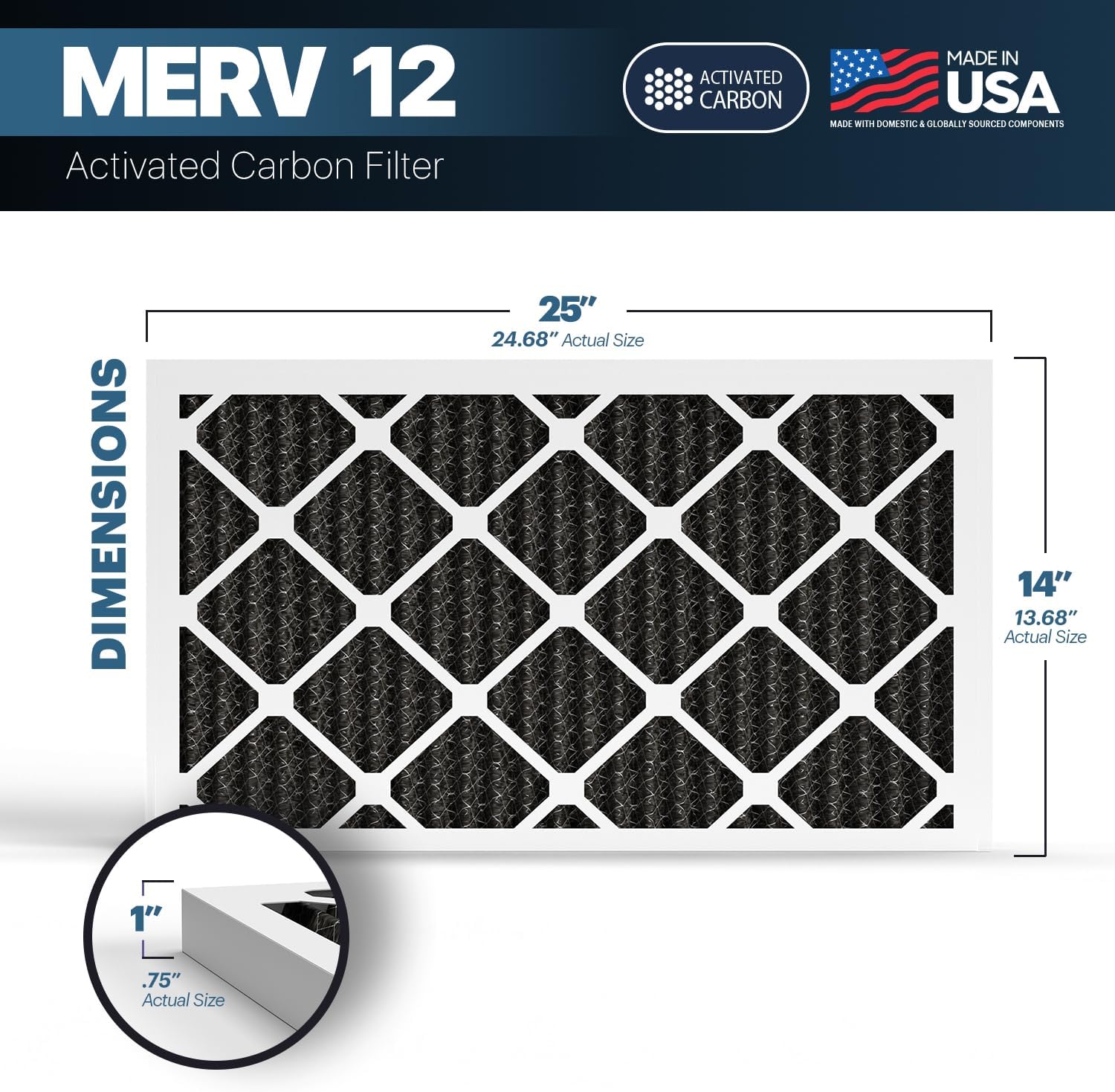 BNX TruFilter 14x25x1 MERV 12 Odor Defense (6-Pack) AC Furnace Air Filter with Activated Carbon - MADE IN USA - Pleated Air Conditioner HVAC AC Furnace Filters - Removes Odor, Mold, Bacteria, Smoke