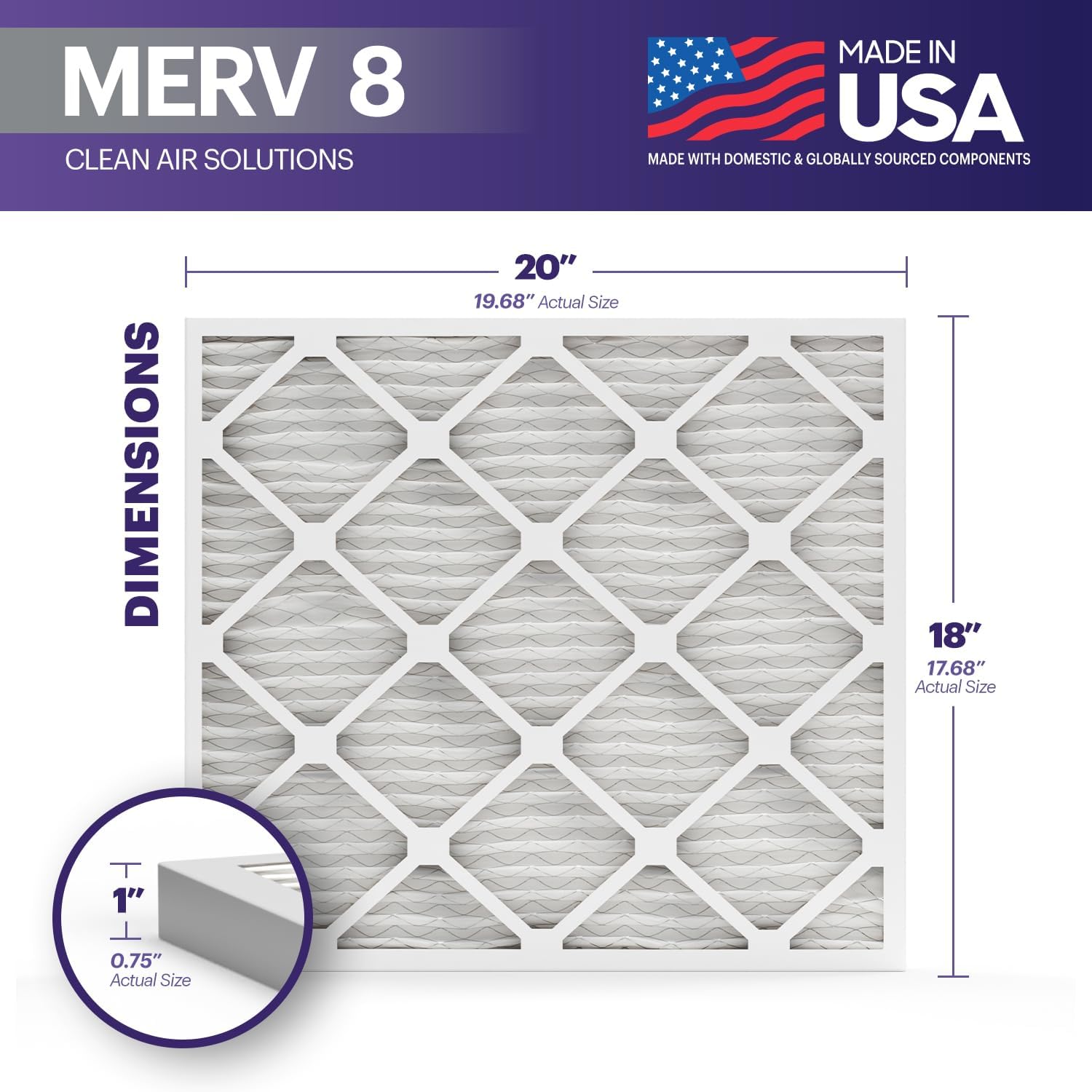 BNX TruFilter 18x20x1 Air Filter MERV 8 (6-Pack) - MADE IN USA – Dust & Pet Defense Electrostatic Pleated Air Conditioner HVAC AC Furnace Filters for Dust, Pet, Mold, Pollen MPR 600 – 700 & FPR 5