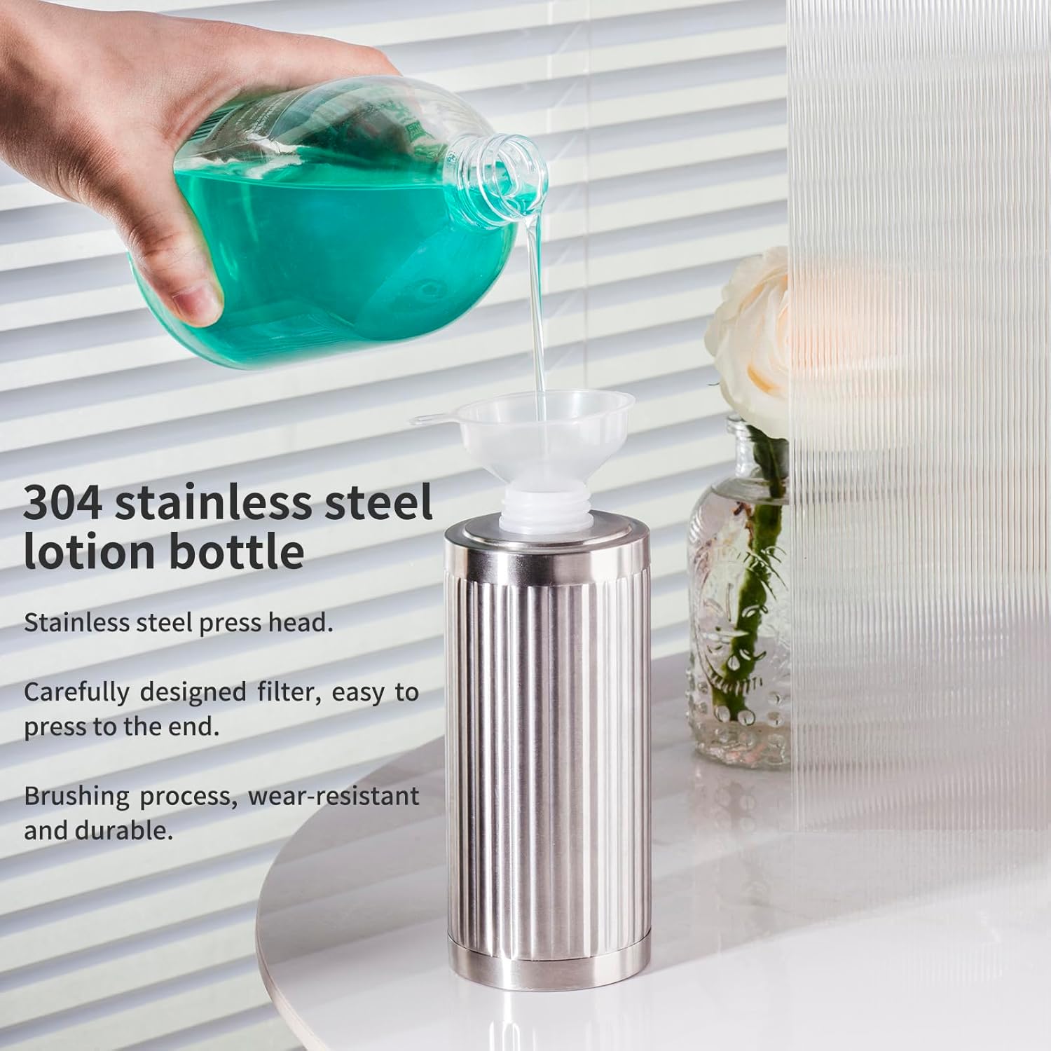 Modern Light Luxury Soap Dispenser with Funnel, Brushed Silver, 304 Stainless Steel, Metal Pump Hand Sanitizer Bottle for Bathroom and Kitchen (10.5 oz/300 ml)