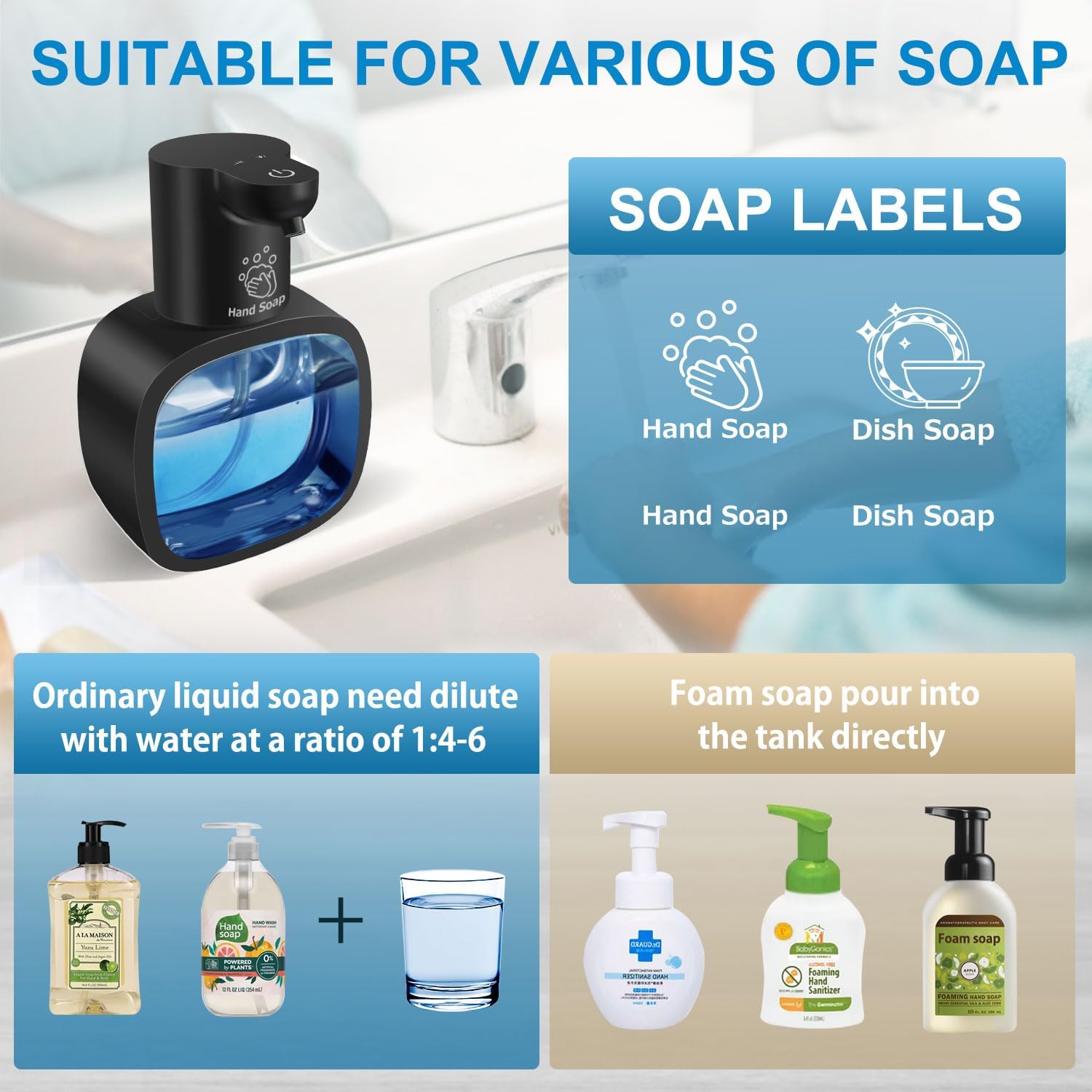 Automatic Foaming Soap Dispenser with 500ml/17oz Capacity, Touchless Soap Dispenser with 4 Level Adjustable, Rechargeable, Wall-Mounted, Waterproof for Kitchen, Bathroom, Hotel, Restaurant