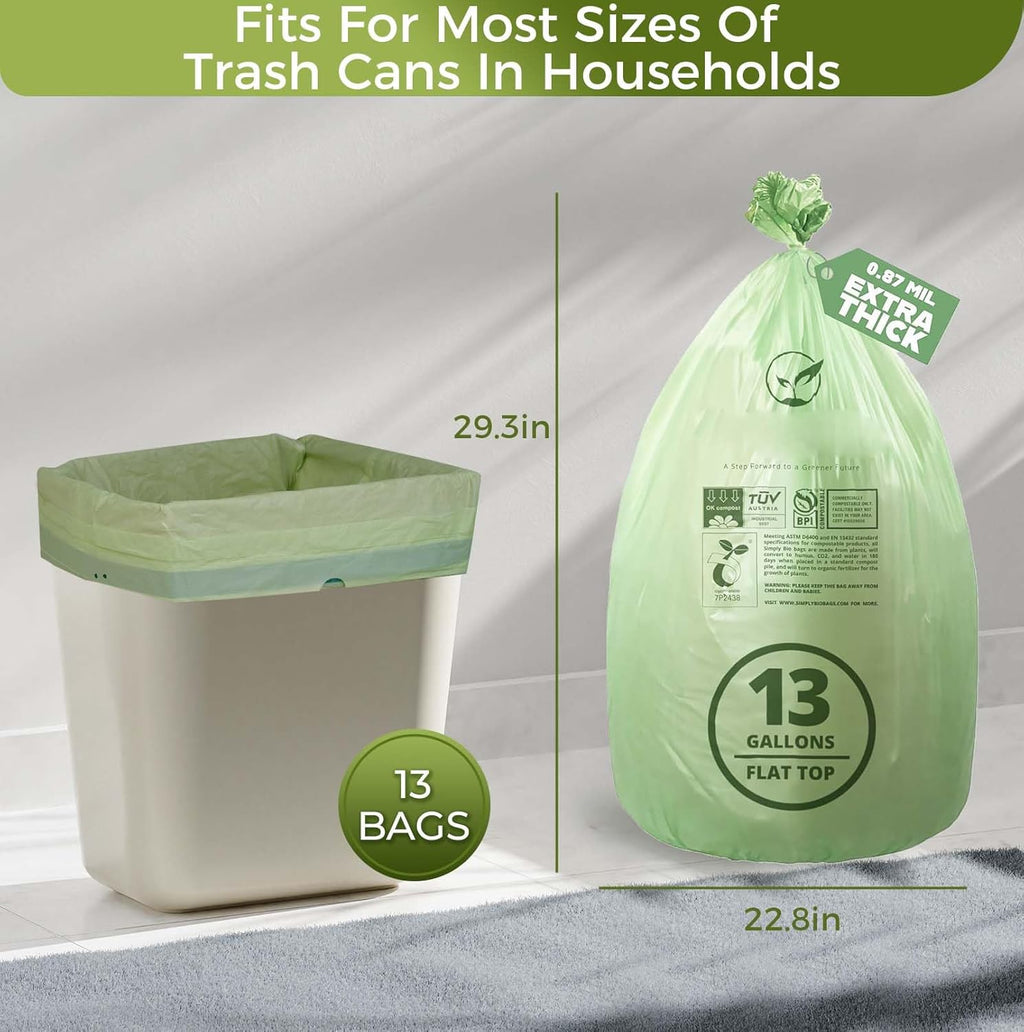 13 Gallon Compostable Trash Bags with Flat-Top, Thick 0.87 Mil, 49.21 Liter, 50 Bags, Tall Kitchen Food Scrap Waste Bag, ASTM D6400, US BPI and OK Compost Home Certified