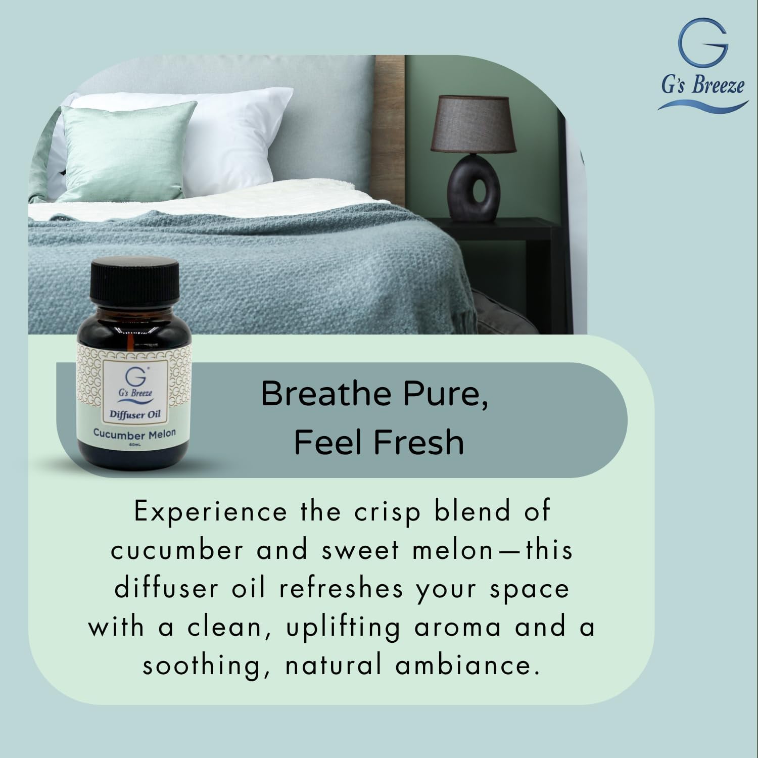 G's Breeze Cucumber Melon Diffuser Oil Refill - Refreshing, Sweet & Juicy Aroma, 48 Hour Long-Lasting Scent, Odor Eliminating Fragrance for Home & Office - 60 ML