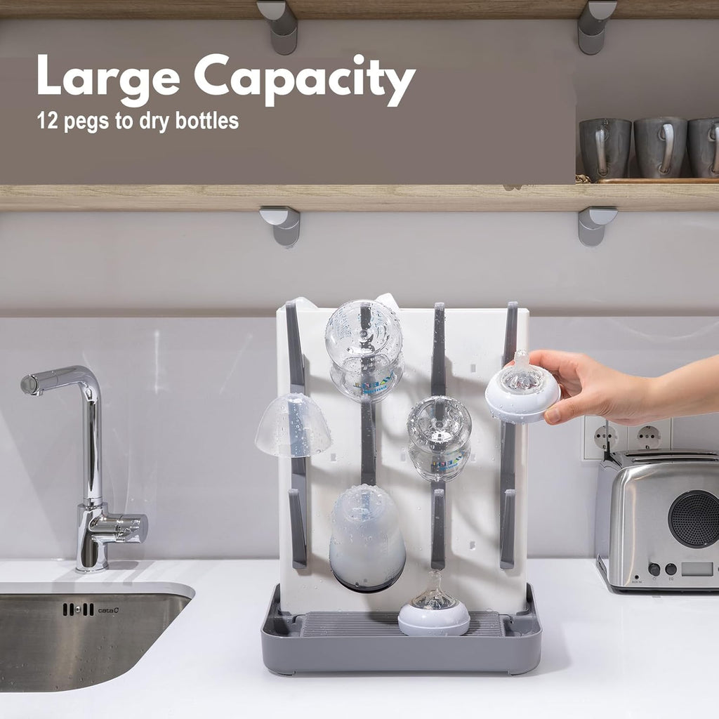Space Saving Vertical Bottle Drying Rack, Large Countertop Baby Bottle Drying Rack Holder for Baby Bottles and Pump Parts, Gray