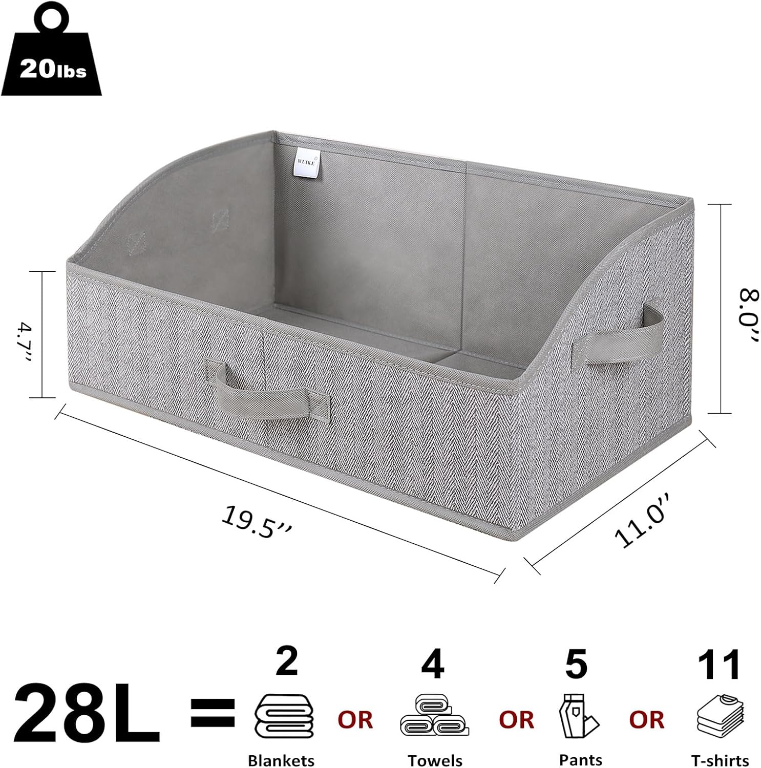 WUIKE Closet Organizers and Storage, Trapezoid Storage Bins, Fabric Closet Bins with Handles, Foldable Storage Baskets for Clothes, Purse, Blanket, Herringbone Gray, Extra Large, 3-Pack