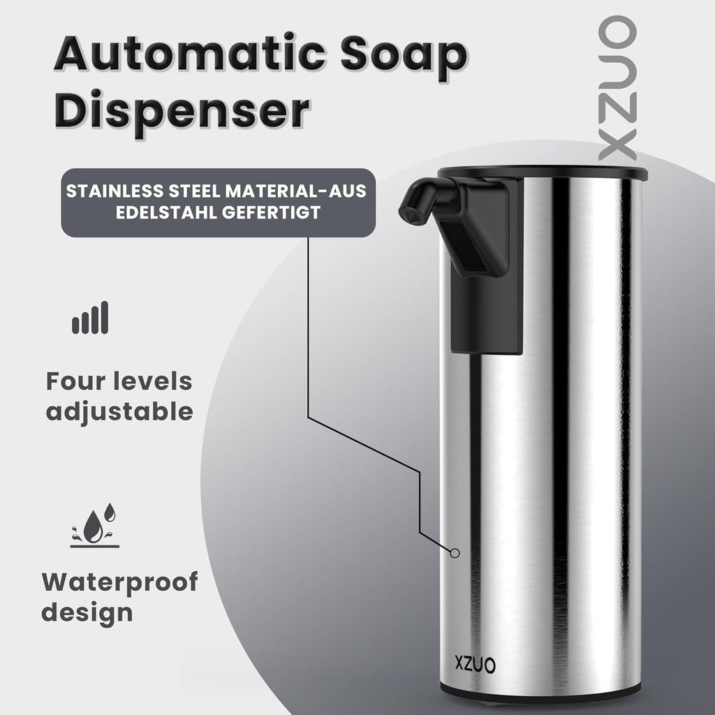 Automatic Soap Dispenser Touchless 11.8oz 4-Level Adjustment Auto Hand Soap Dispenser Stainless Steel Battery Operated for Bathroom Kitchen Hotel